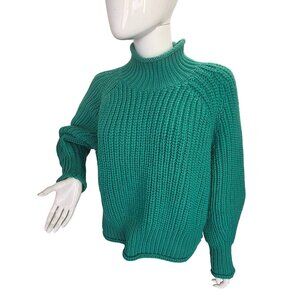 H&M Chunky Green Rib Knit Turtleneck Sweater L/XL Heavy Poly/Wool Blend Jumper